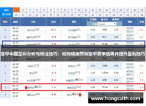 意甲中国足彩分析与投注技巧：如何精准预测意甲赛事结果并提升盈利技巧