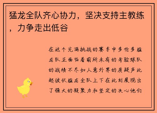 猛龙全队齐心协力，坚决支持主教练，力争走出低谷
